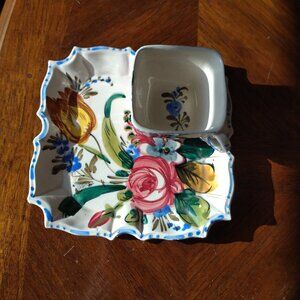 Vintage Italian Colorful Roses and Tulip 8" Snack Plate & 3.5" Square Teacup